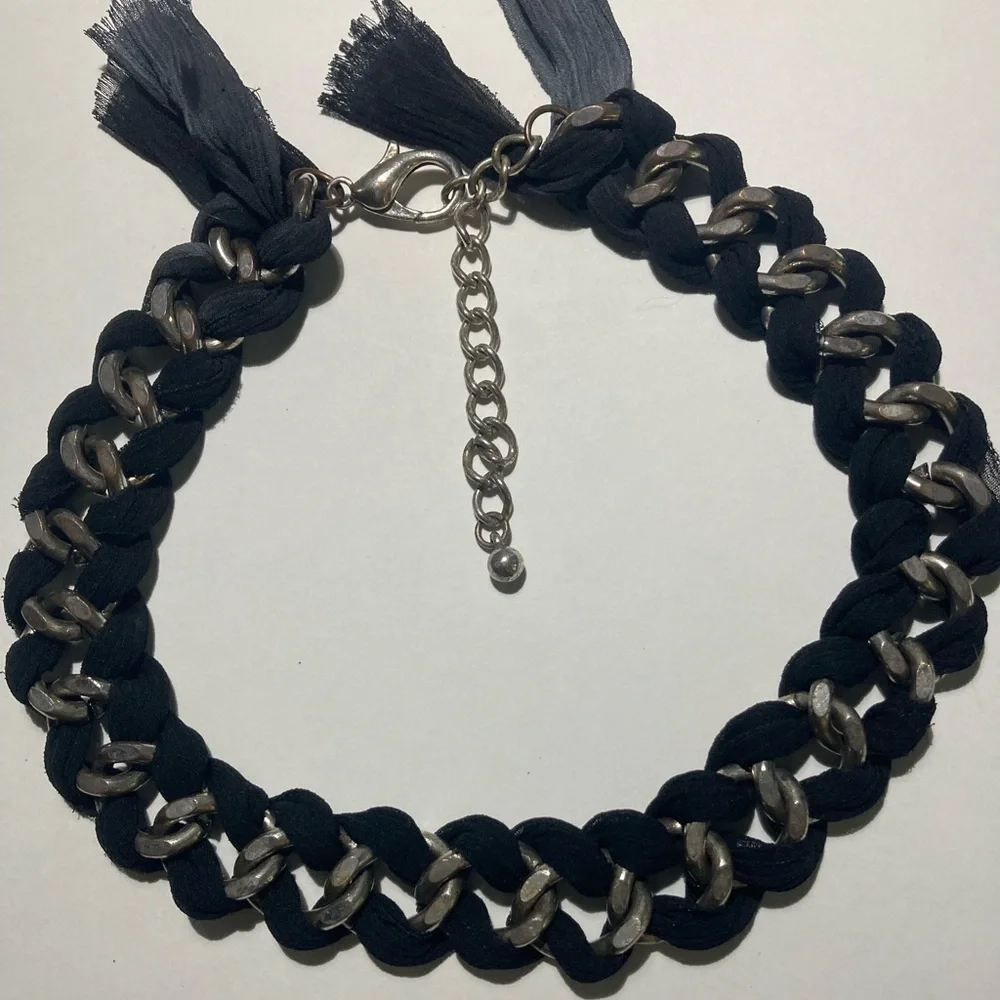 Ribbon Black and Silver Chain Choker Necklace - Picture 4 of 8